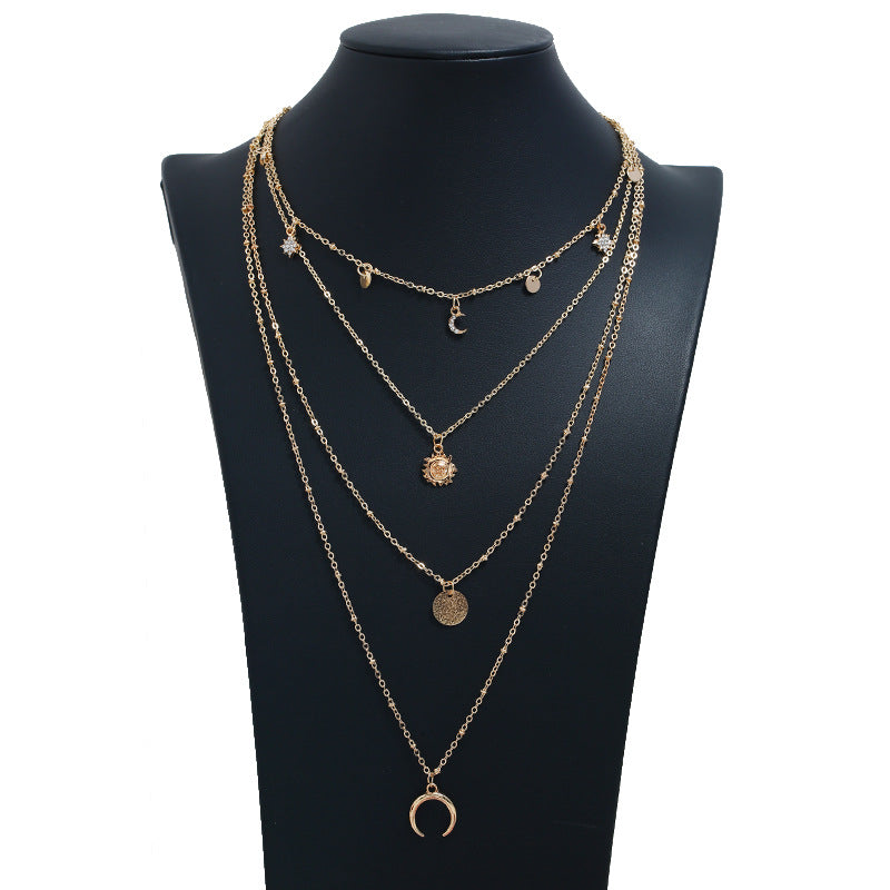 Diamond Star, Crescent Moon, Sun Flower, Pendant Multilayer Necklace