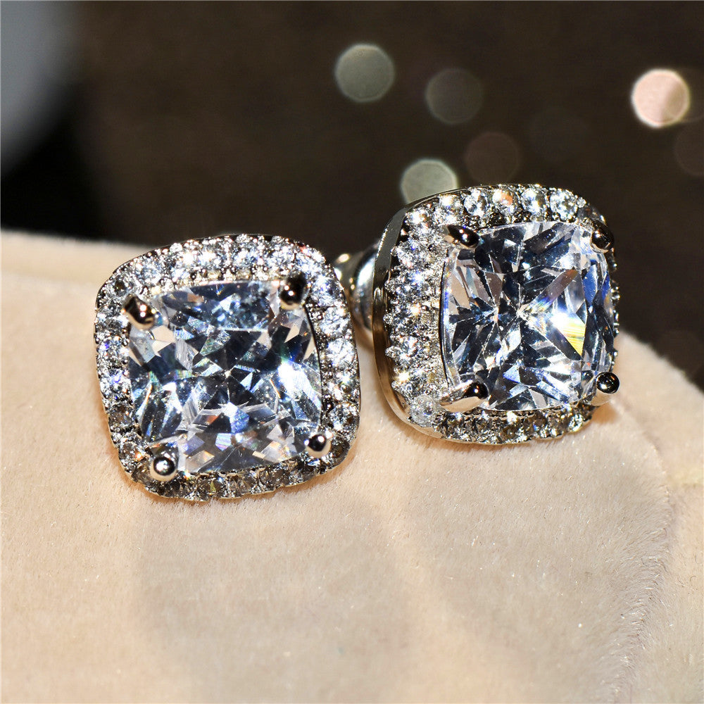 Natural Fire Opal And White Topaz Halo Square 925 Sterling Silver Stud Earrings