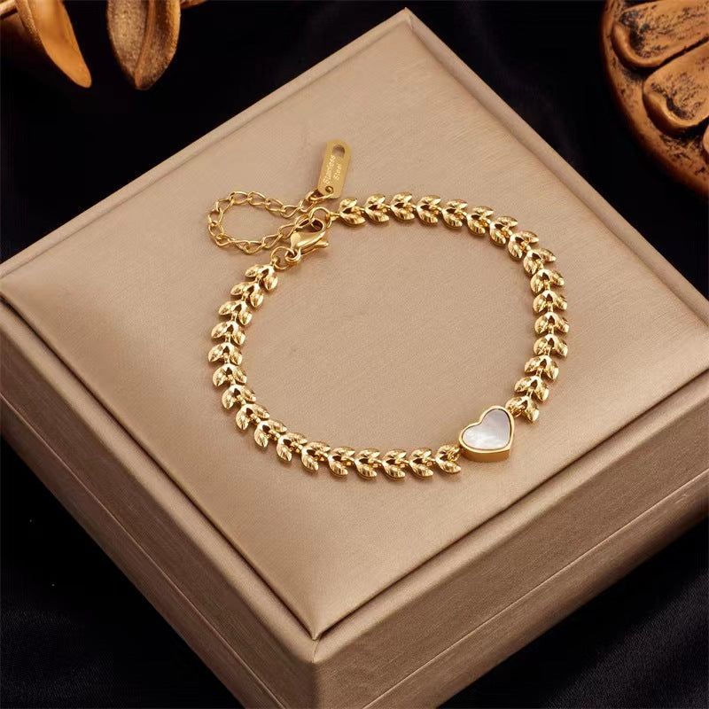 Titanium Steel 18K Gold Retro Heart-shaped Shell Wheat Bracelet