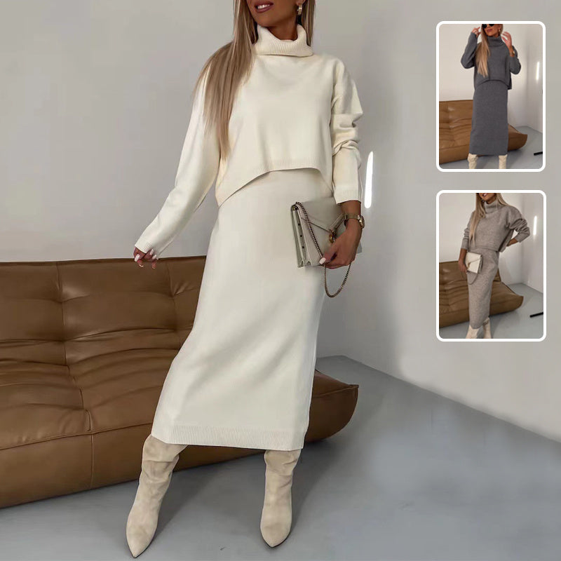 2pcs Sweater Suit Turtleneck Pullover and Sleeveless Long Dress