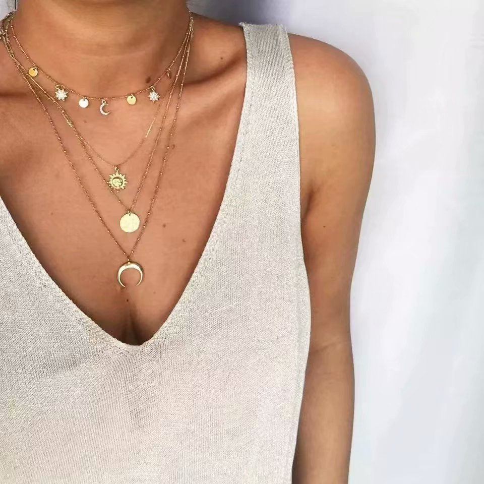 Diamond Star, Crescent Moon, Sun Flower, Pendant Multilayer Necklace