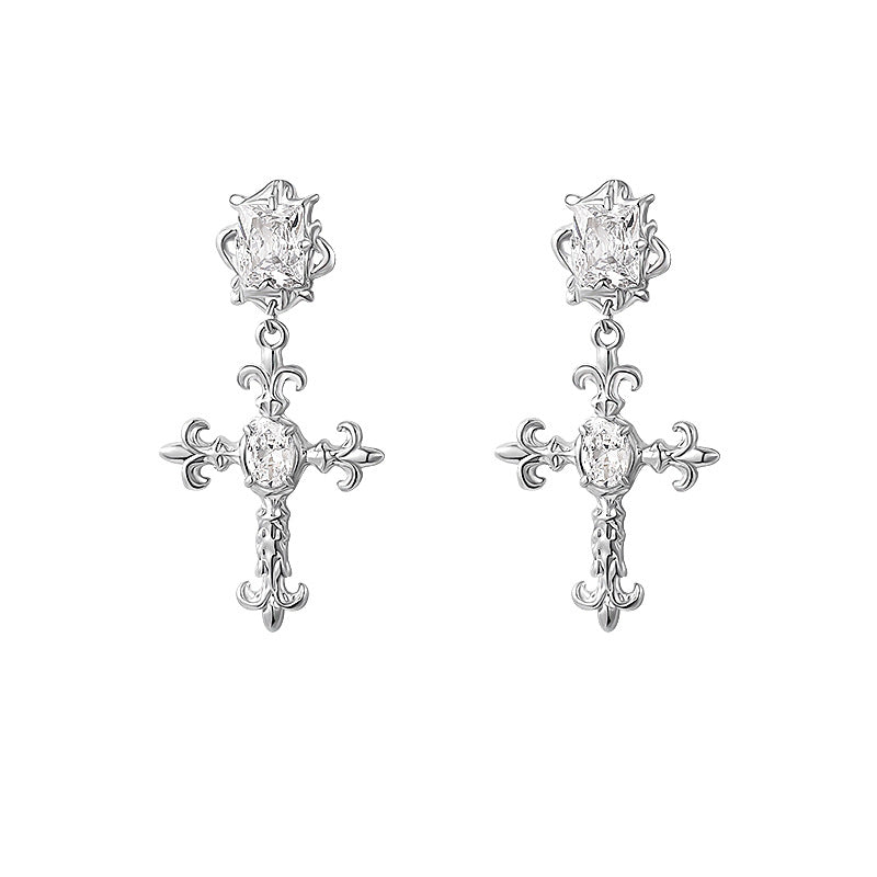 Frosty Silver Needle Zircon Cross Earrings