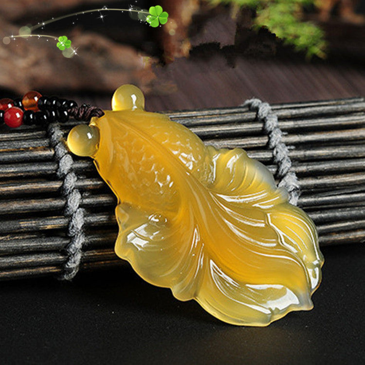 Yellow Agate Chalcedony Goldfish Pendant Necklace