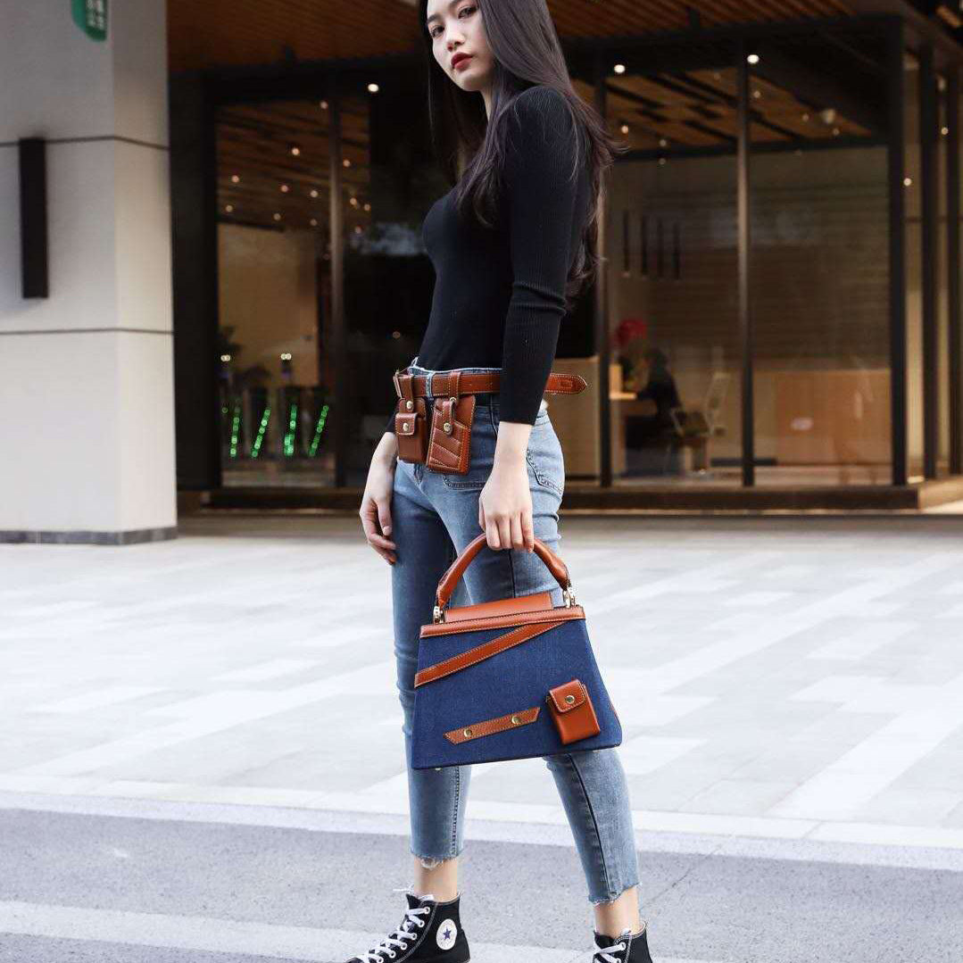 Hand-held crossbody denim tote bag