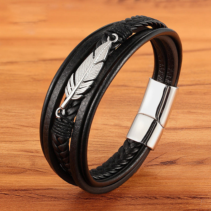 New 3 Layers Black Gold Punk Style Design Genuine Leather Bracelet for Men Steel