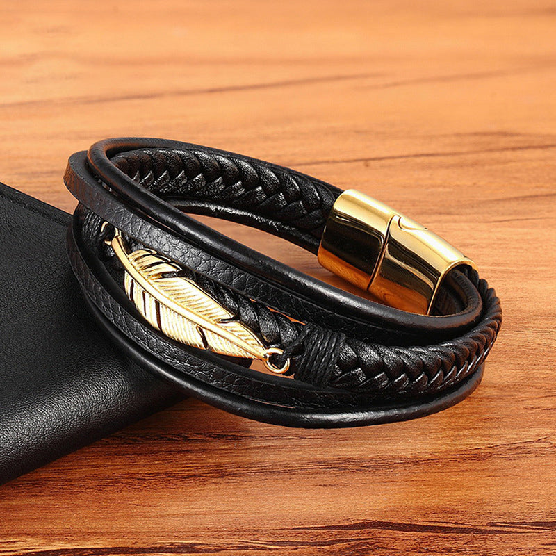 New 3 Layers Black Gold Punk Style Design Genuine Leather Bracelet for Men Steel
