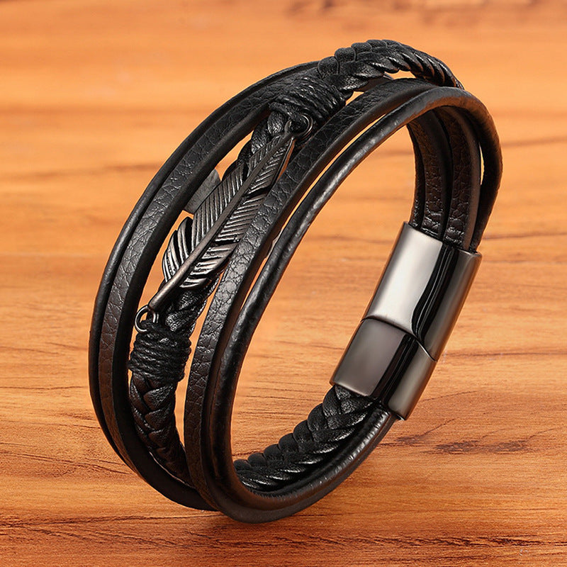New 3 Layers Black Gold Punk Style Design Genuine Leather Bracelet for Men Steel