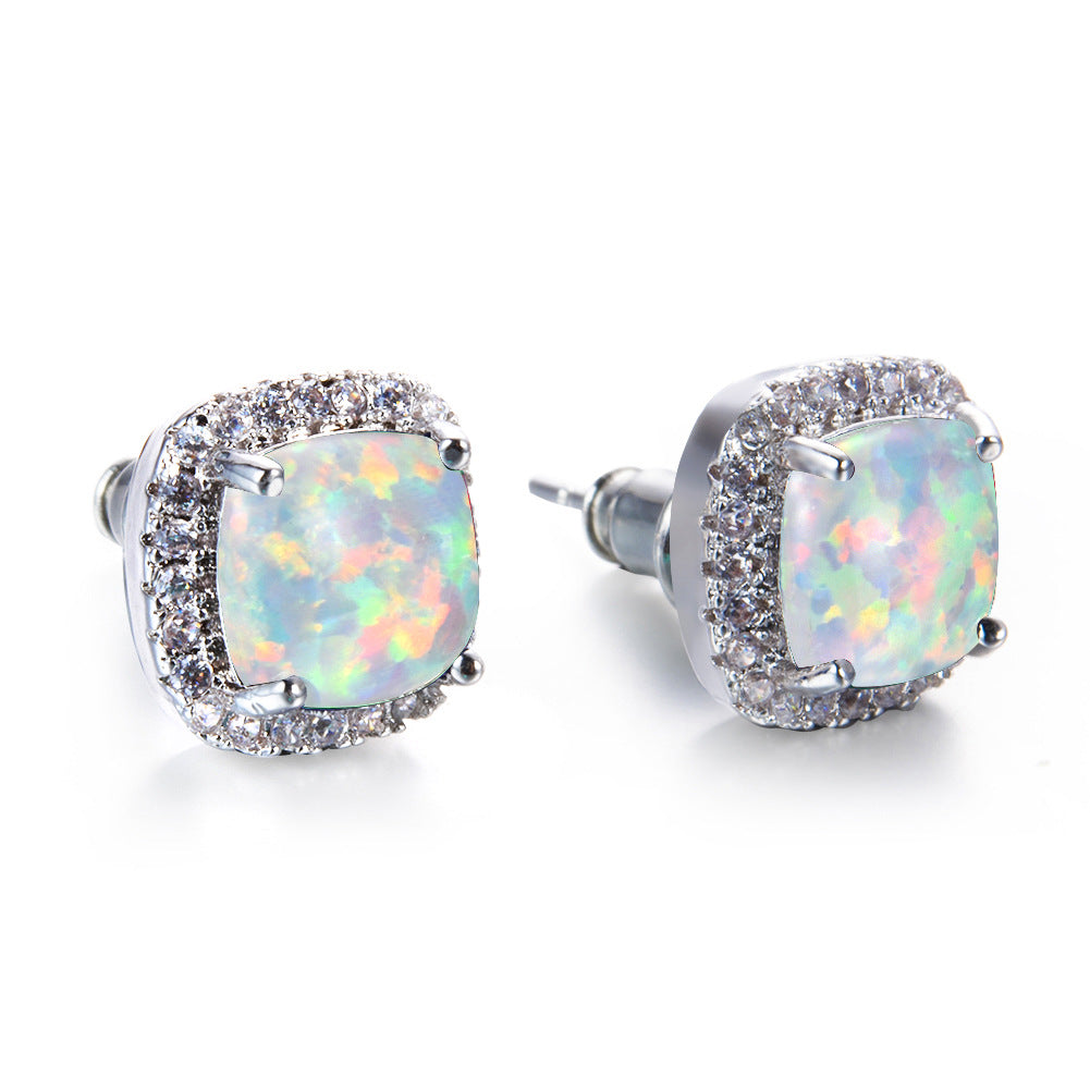 Natural Fire Opal And White Topaz Halo Square 925 Sterling Silver Stud Earrings