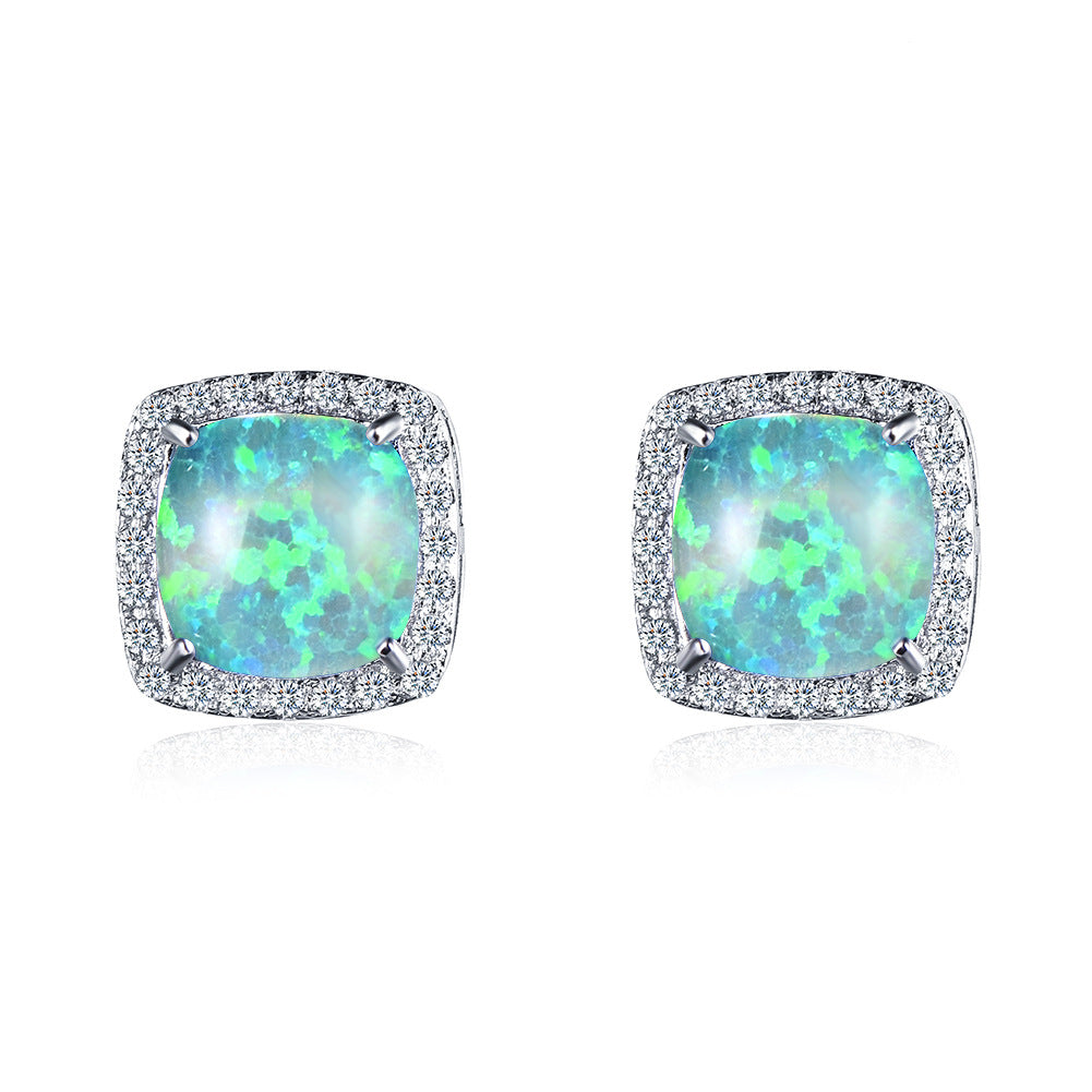 Natural Fire Opal And White Topaz Halo Square 925 Sterling Silver Stud Earrings