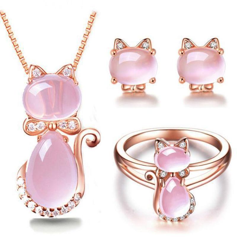 Cat Rose Gold Plate & Pink Quartz Jewelry Set
