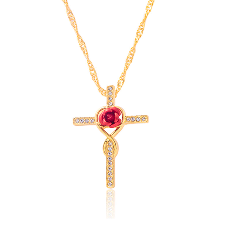 Rose Flower Cross Necklace Gold Crystal Infinity Anka Pendant