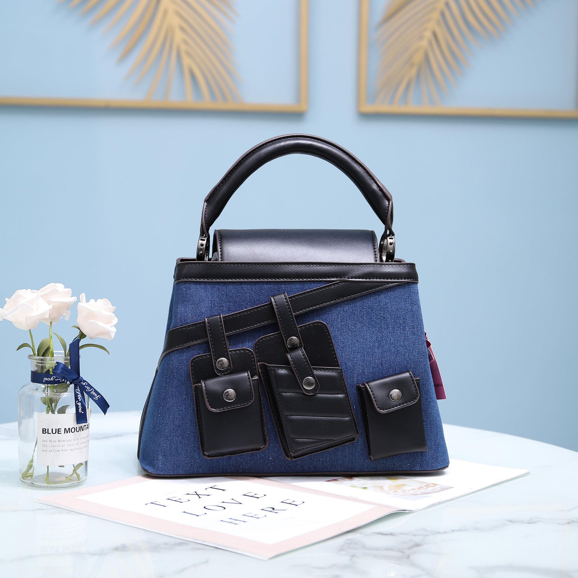 Hand-held crossbody denim tote bag