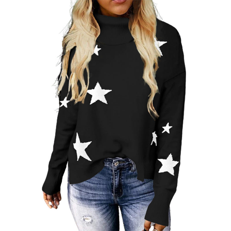 Star Print Turtleneck Knitted Street Trendy Pullover Sweater