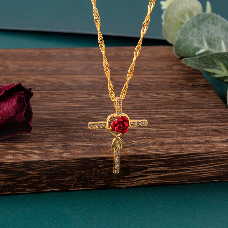 Rose Flower Cross Necklace Gold Crystal Infinity Anka Pendant