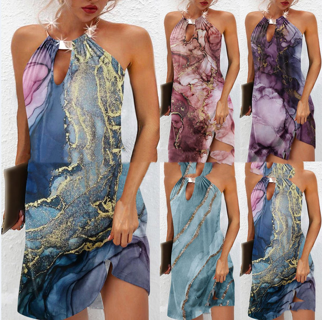 Women's Casual Ink Print Loose Halter Dress