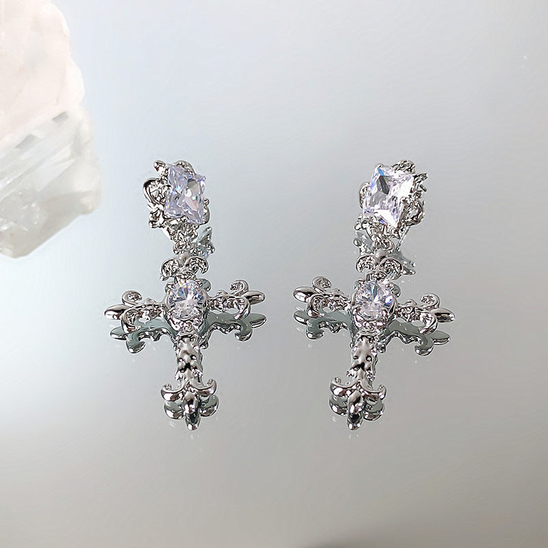 Frosty Silver Needle Zircon Cross Earrings