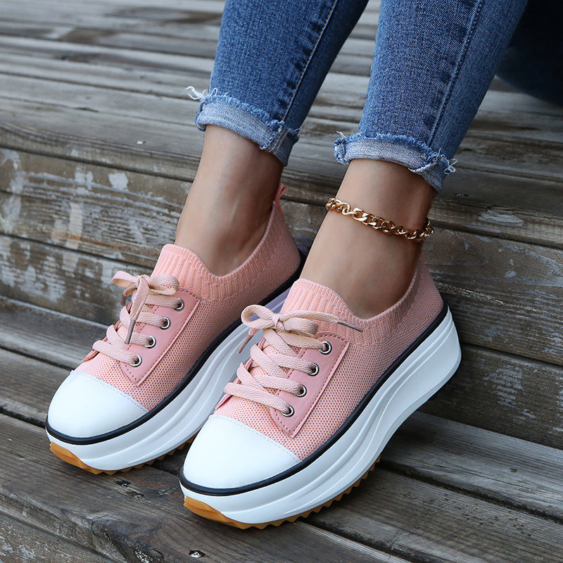 Casual Round Toe Flat Shoes Lace-up Sneakers Thick Bottom Platform Shoes