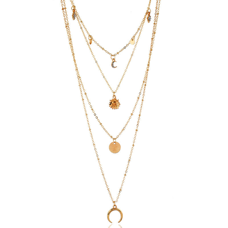 Diamond Star, Crescent Moon, Sun Flower, Pendant Multilayer Necklace