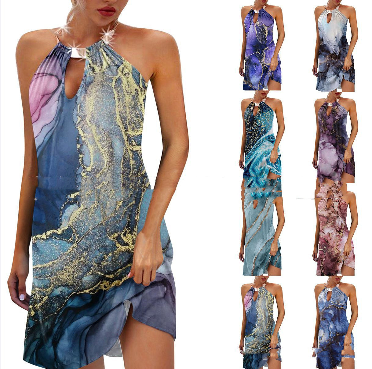 Women's Casual Ink Print Loose Halter Dress