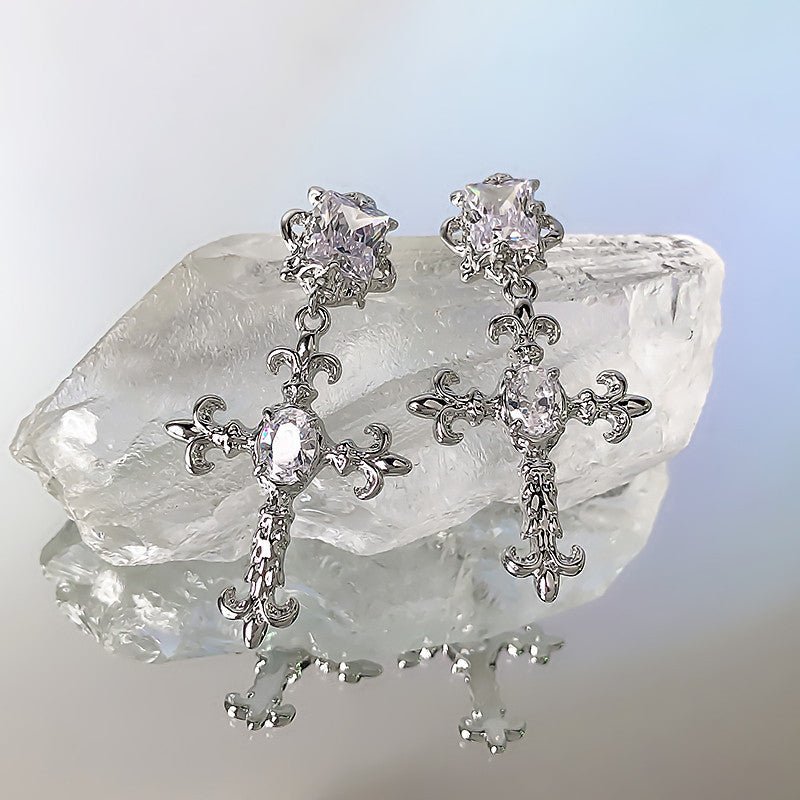 Frosty Silver Needle Zircon Cross Earrings