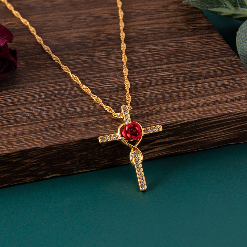 Rose Flower Cross Necklace Gold Crystal Infinity Anka Pendant