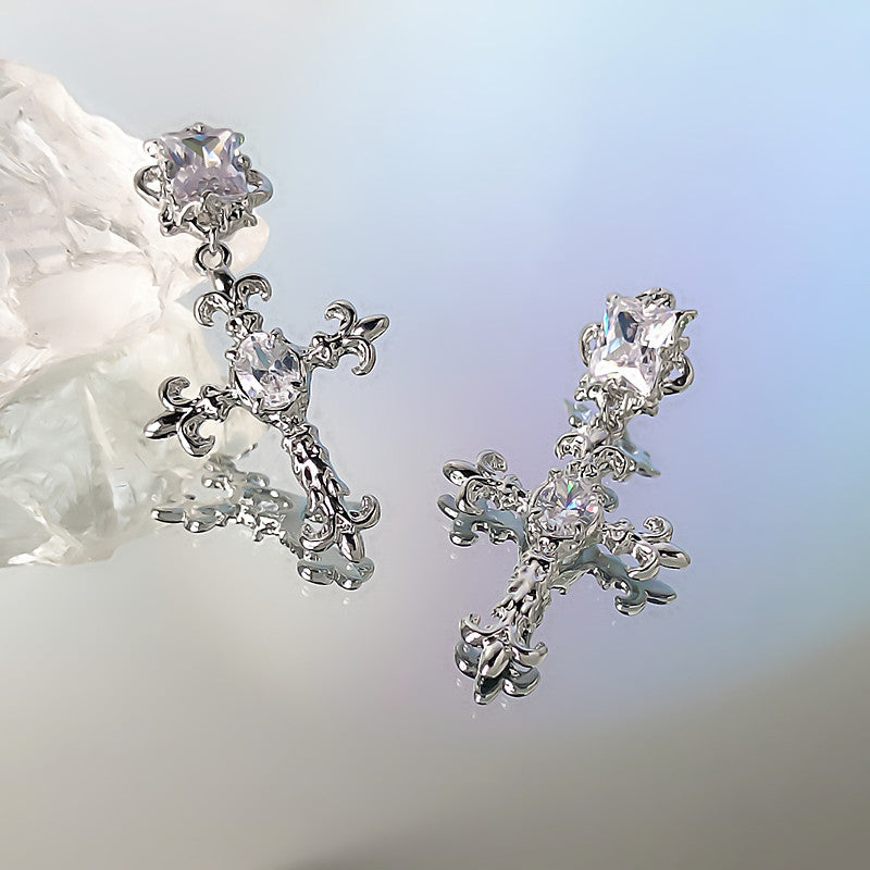 Frosty Silver Needle Zircon Cross Earrings