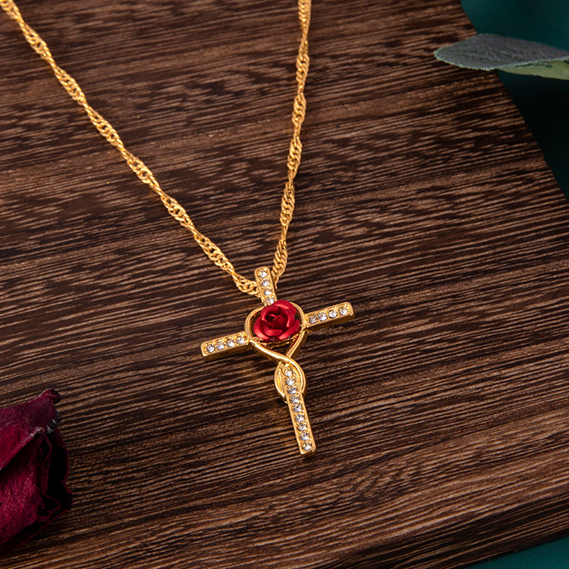 Rose Flower Cross Necklace Gold Crystal Infinity Anka Pendant