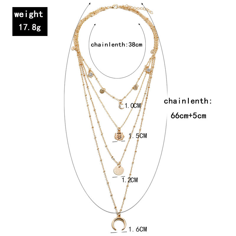 Diamond Star, Crescent Moon, Sun Flower, Pendant Multilayer Necklace