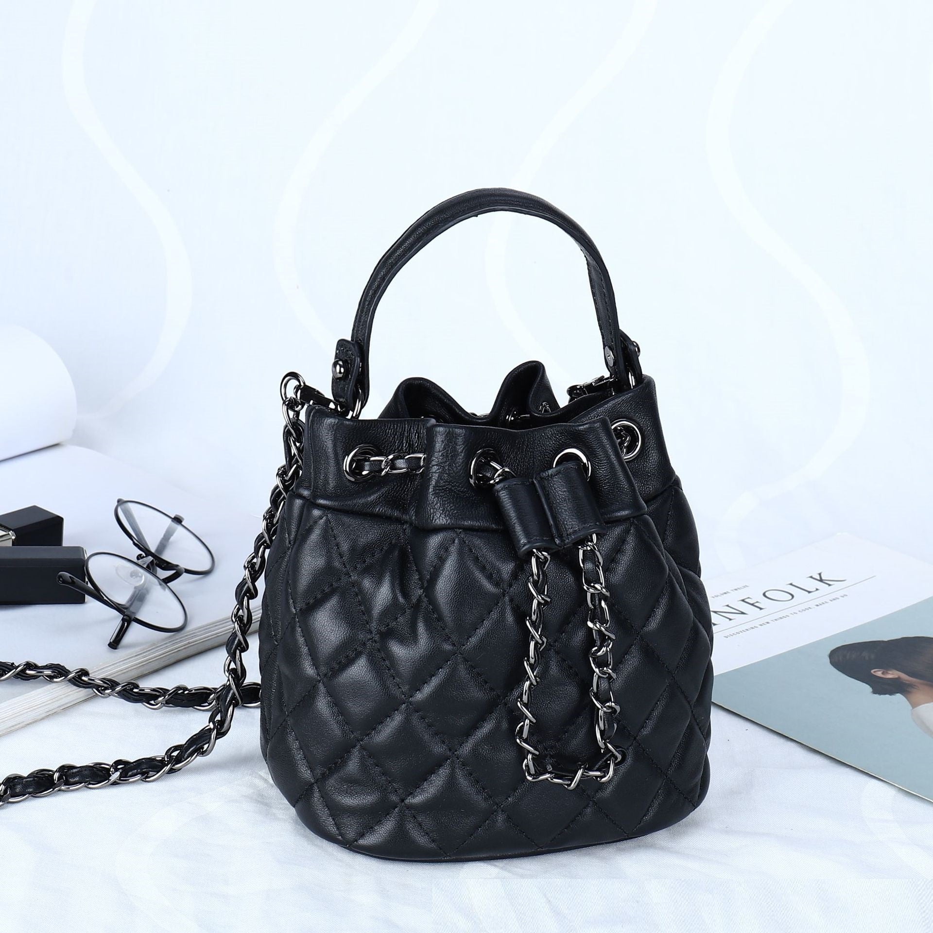 Full Sheepskin Fashionable Bucket Genuine Leather Crossbody Bag