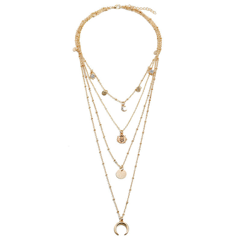 Diamond Star, Crescent Moon, Sun Flower, Pendant Multilayer Necklace