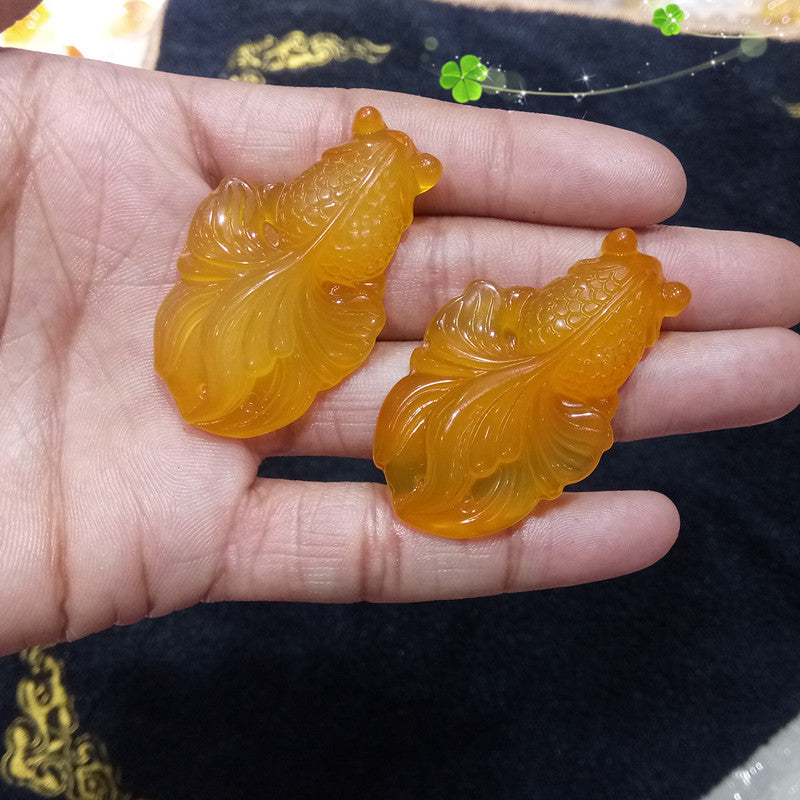 Yellow Agate Chalcedony Goldfish Pendant Necklace