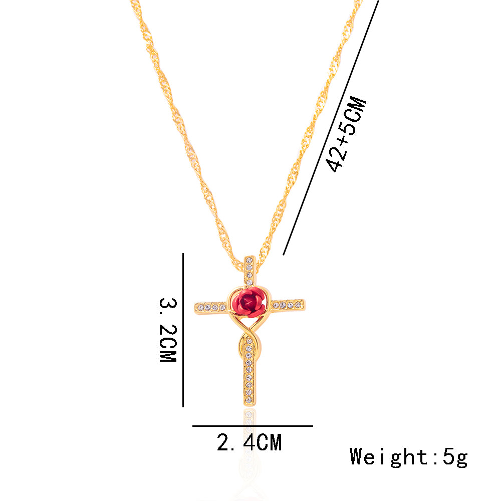 Rose Flower Cross Necklace Gold Crystal Infinity Anka Pendant