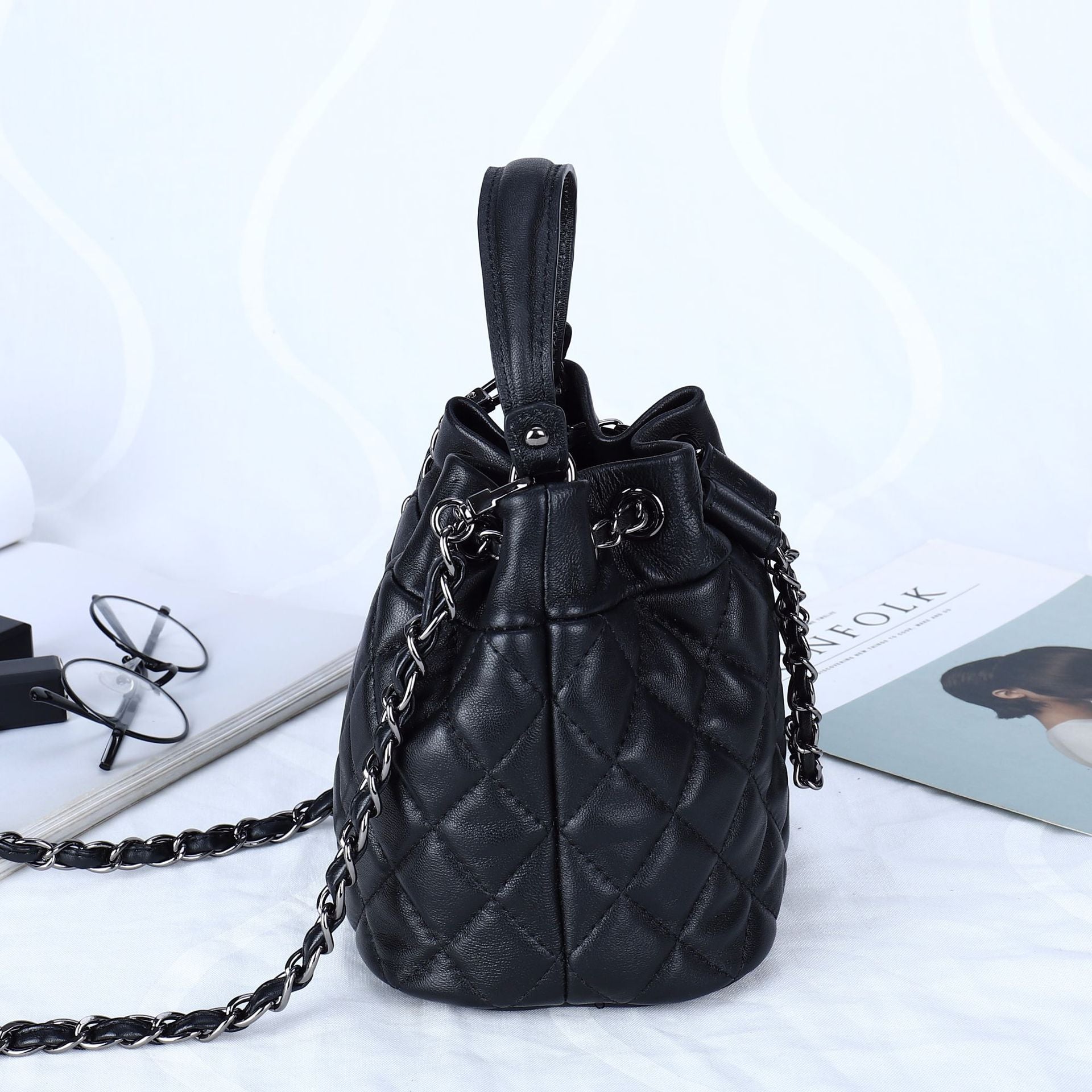 Full Sheepskin Fashionable Bucket Genuine Leather Crossbody Bag