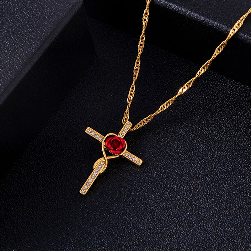 Rose Flower Cross Necklace Gold Crystal Infinity Anka Pendant