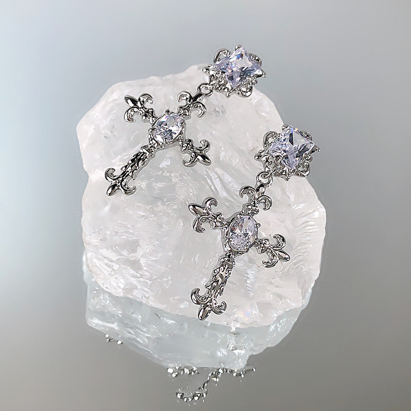 Frosty Silver Needle Zircon Cross Earrings